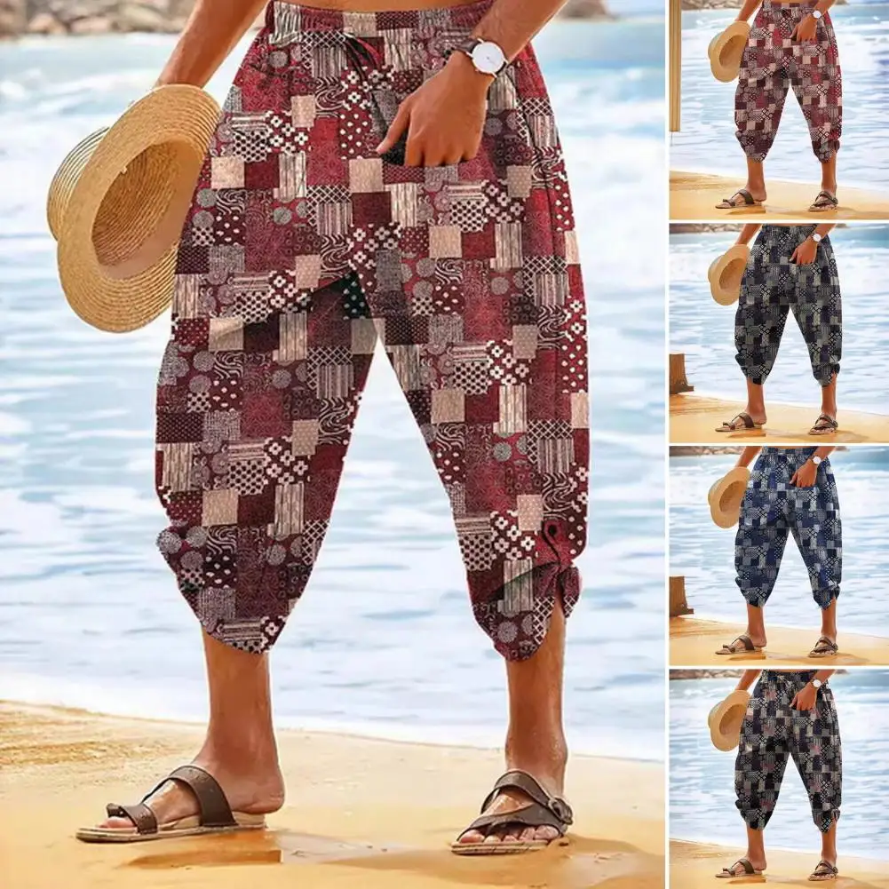 

Pants Vintage Print Drawstring Cropped Pants with Elastic Waist Pockets for Wear Beach Trousers Mid-calf Length Sweatpants Style