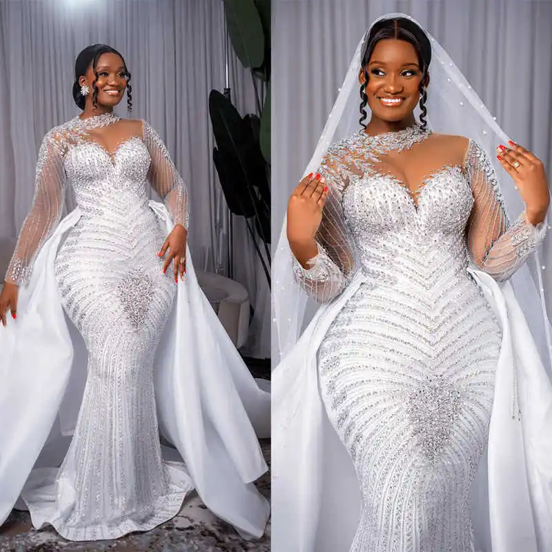 

Sparkly Crystals Mermaid Bridal Gowns Long Sleeve Sheer Neck Wedding Dresses Overskirt Customized Vestidos De Novia