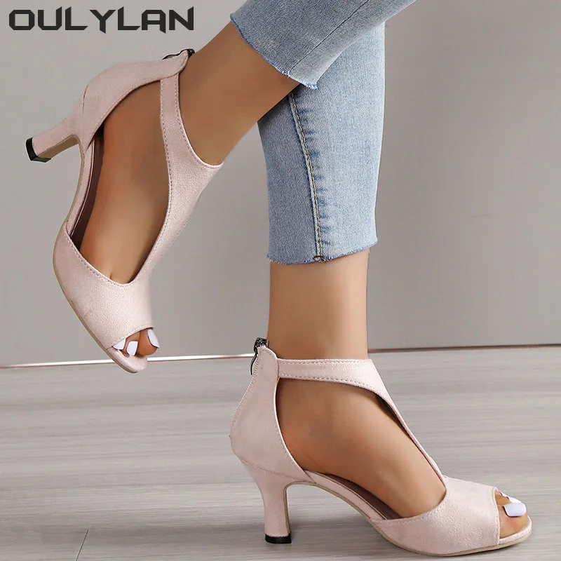 Oulylan Women's Summer Side Stiletto Roman Sandals Designer Sandals Simple and Fashionable Back Zipper Fishmouth Shoes