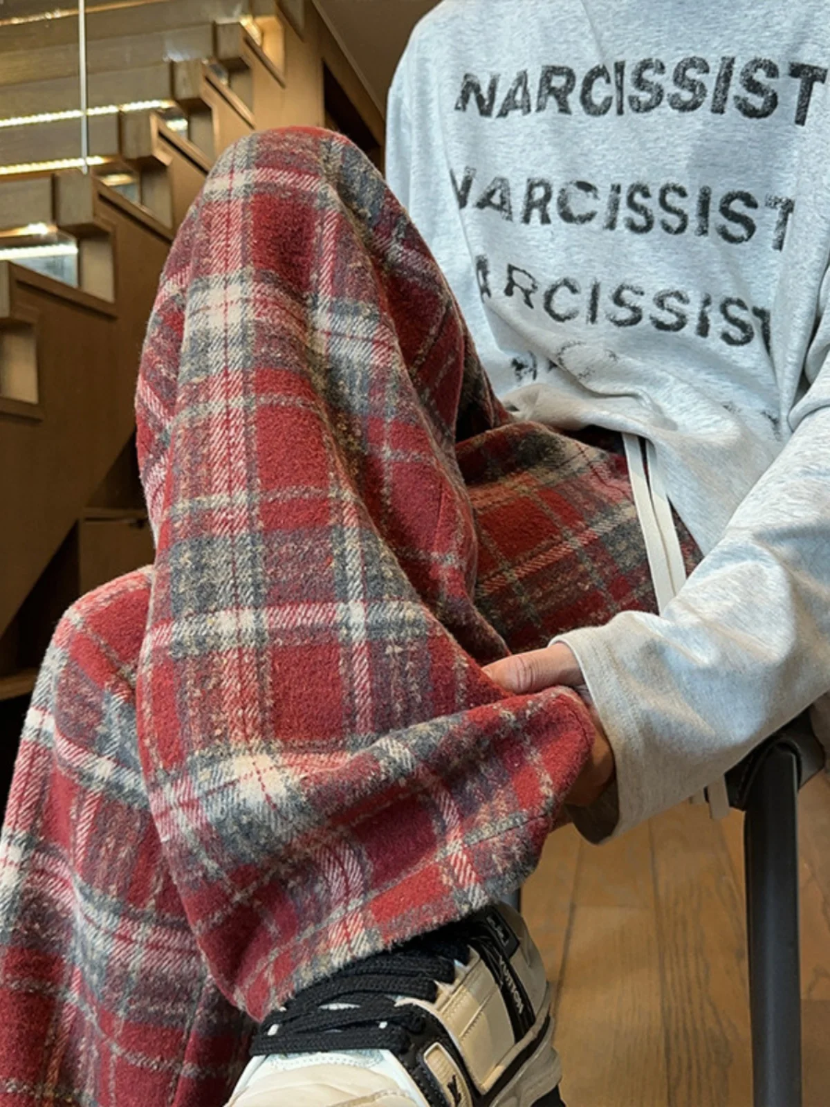 

Красные шерстяные мужские брюки в клетку с цветными вставками, свободного прямого кроя, повседневные, осенне-зимние, модные, винтажные, в американском стиле