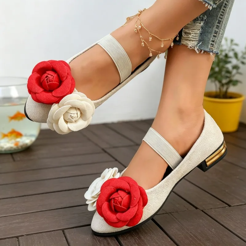 Women's Mary Jane Flats Round Toe  Floral Applique Decoration Elastic Strap Casual Everyday Footwear