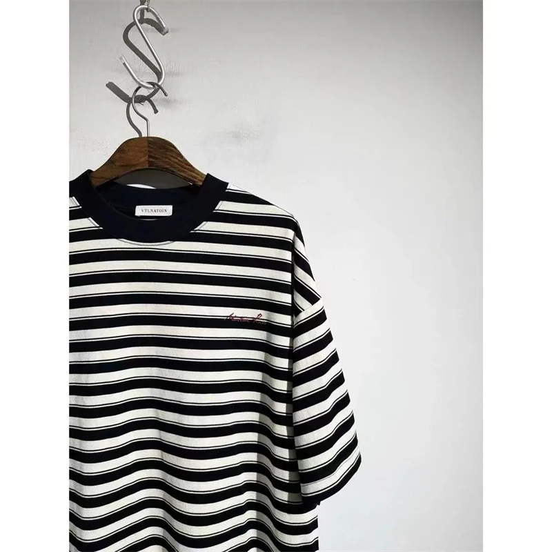 Hip Hop Oversized Black White Striped T-Shirt 2025 Letters Embroidered T Shirt MARTINE ROSE High Quality Cotton Tops Tee Men Wom