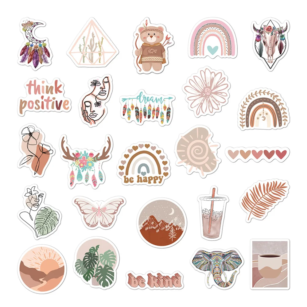 10/30/50pcs Cute Bohemian Art Style Graffiti Stickers Boho Aesthetic Sticker Decoration Phone Case Water Bottle Notebook Decals