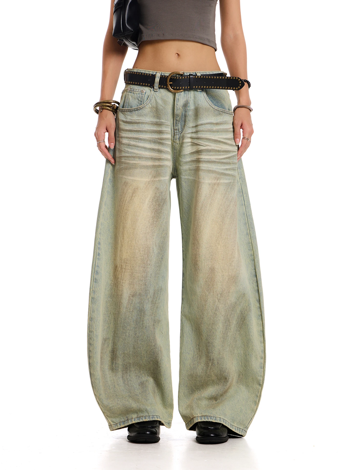 

023start Американские джинсы с завышенной талией в стиле ретро, широкие брюки с ножом, повседневные молодежные трендовые свободные посадки, одежда на четыре сезона