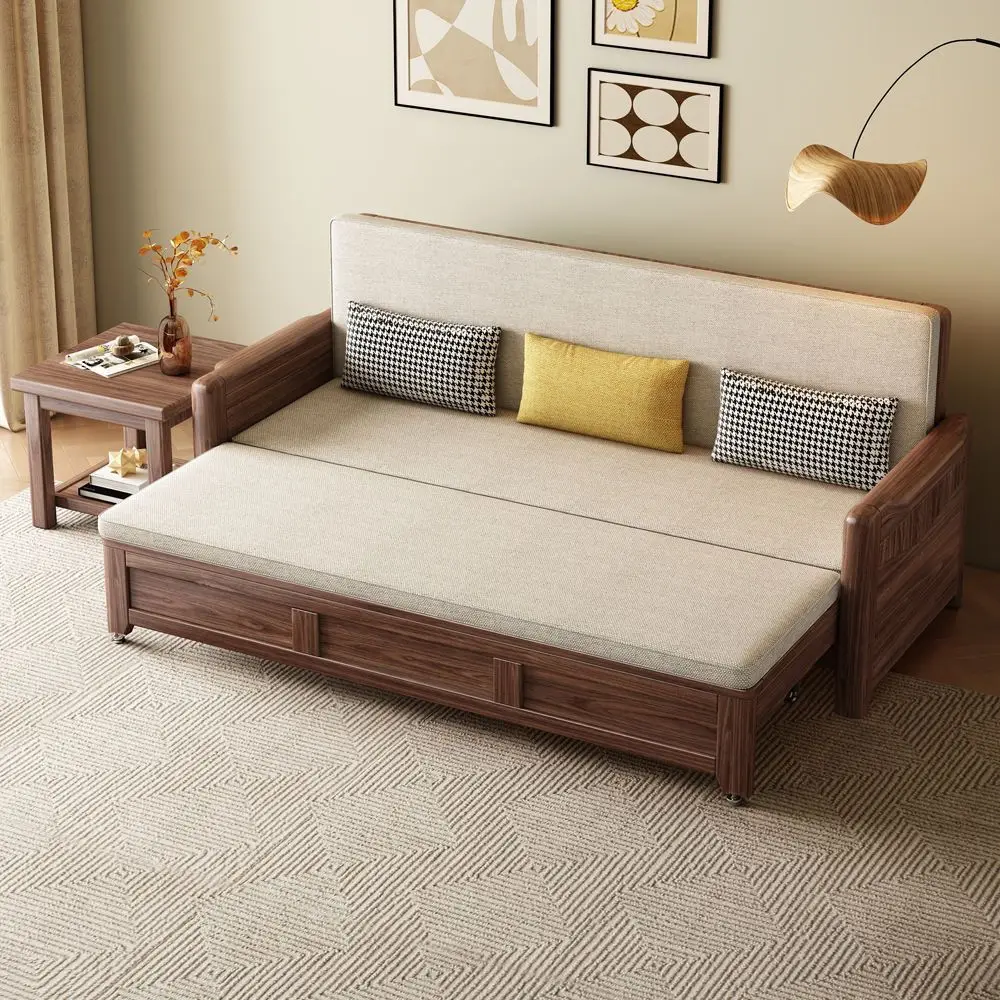 Sofa bed folding and dual-use, black walnut solid wood storage sofa pull-out bed, bestseller