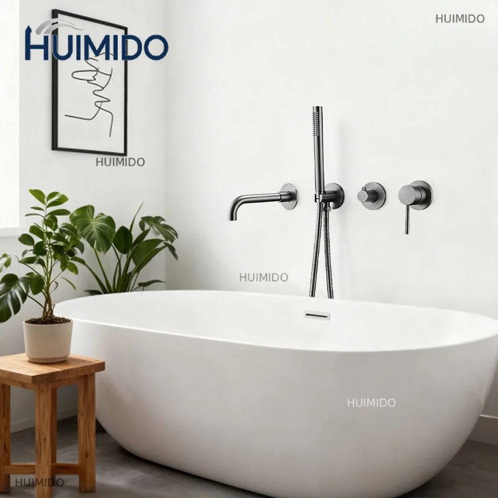 Bathtub Shower Faucet Wall Mounted Handshower 15-26CM Spout Hot and Cold Mixer Embedded Cast Brass Support  2Ways Shower Tap Set