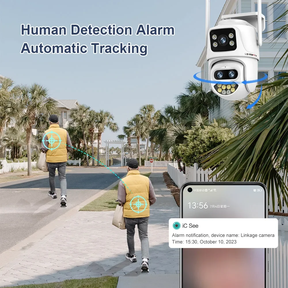 LS VISION 9MP 4K HD WiFi IP Camera Outdoor 8x Zoom Three Lens Dual Screen PTZ Camera Auto Tracking Onvif CCTV Camera iCSee App