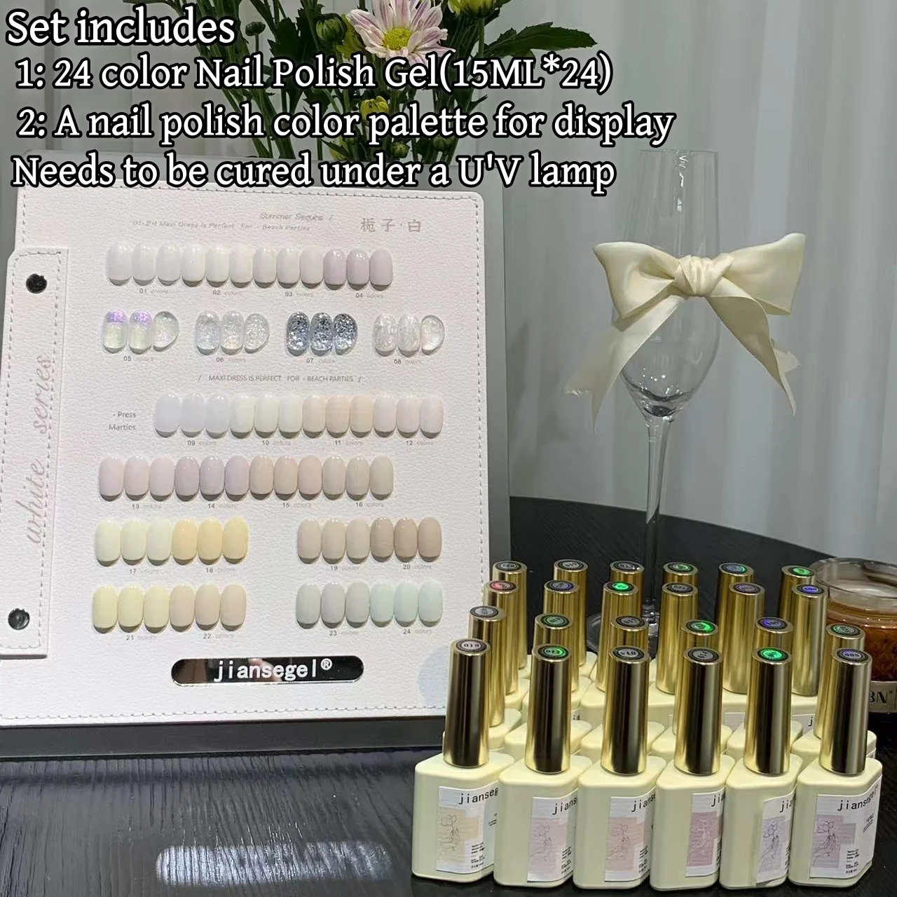 

24 Color Jasmine Nail Gel Polish Set for Beauty Salons, Includes Color Chart for Display, Non-Alcoholic & No Ca Prop 65
