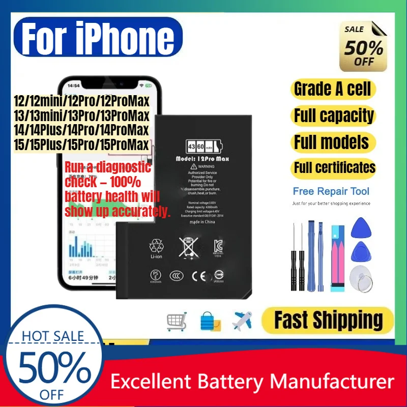 100% NEW Battery for IPhone 12/12mini/12Pro/12ProMax/13/13mini/13Pro/13PM/14/14Plus/14Pro/14PM/15/15P/15Pro/15PM Phone Battery