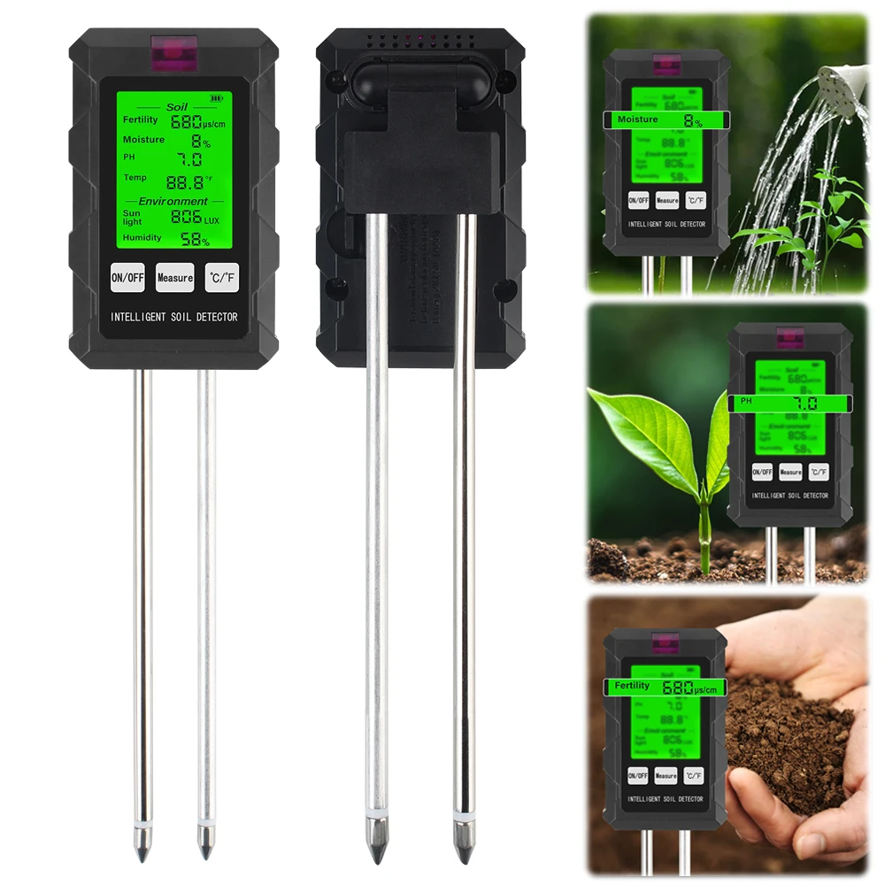 

PH Temperature Humidity Sunlight Air Moisture Nutrient Fertility Meter Soil Tester Tool Multifunctional Gardening Tool 6 in 1