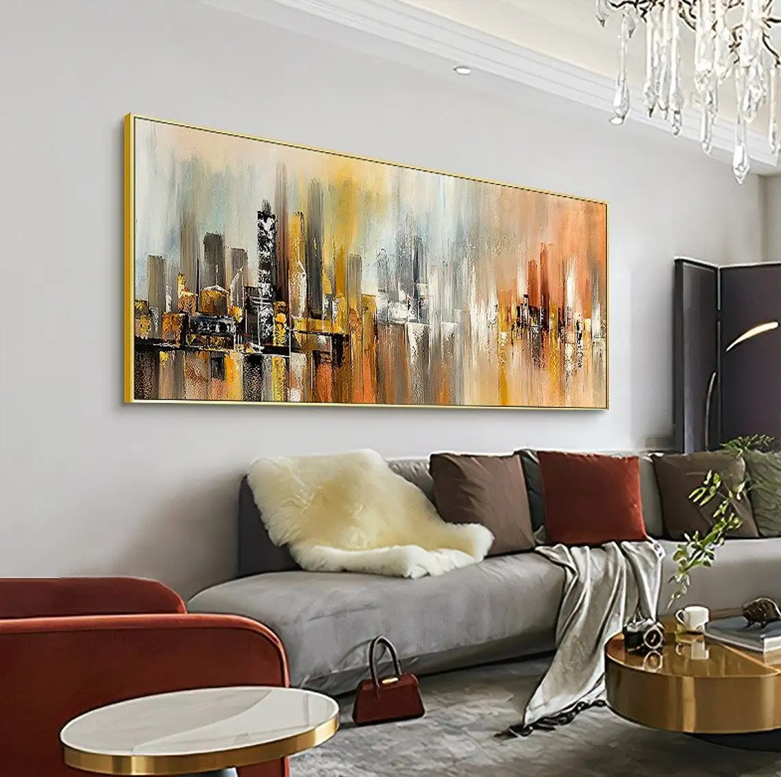 Cityscape Landscape Brush Stroke Handmade Oil Painting on Canvas Architecture Artwork Large Abstract Home Wall Art Orange Color