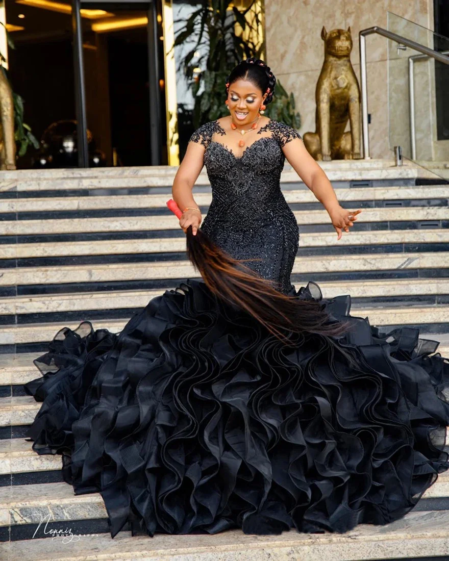 

Свадебное платье больших размеров с индивидуальным дизайном, прозрачным вырезом, аппликациями из бисера, черное, с длинными рукавами и каскадными оборками, Vestidos De Novia