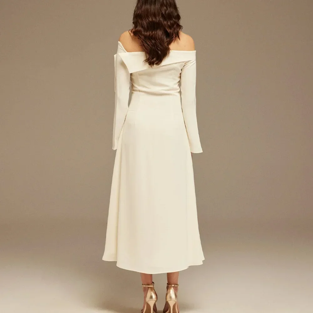 크레페 비대칭 접힌 넥 라인 a 라인 미디 드레스 이브닝 드레스 여성을위한 절묘한 고품질 댄스 파티 가운 맞춤형