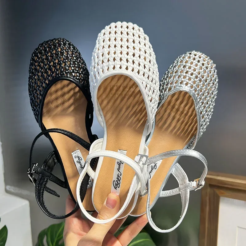

Fashion Woven Mesh Flat Sandals Women Comfortable Round Toe Back Strap Buckle Slide Sandals Concise Breathable Beach Sandals