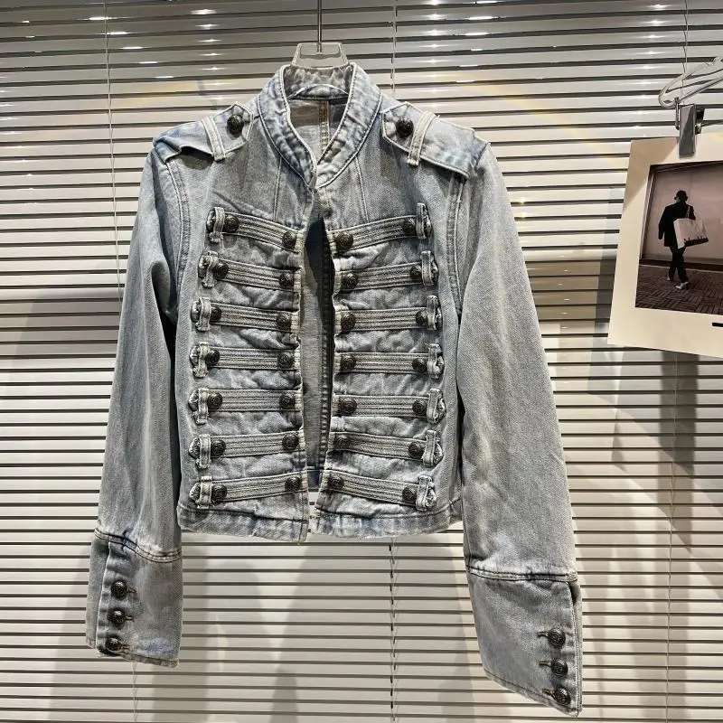 2026 Autumn New Classical Metal Ribs Buckle Design Shoulder Strap Washed Denim Top Short Jacket
