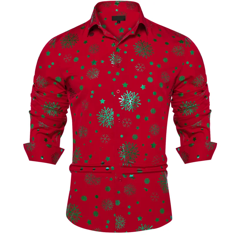 Christmas Men\'s Shirts Party Men Clothing Red Long Sleeve Button Down Collar Dress Shirts Blouse with Silver Snowflake Patterned