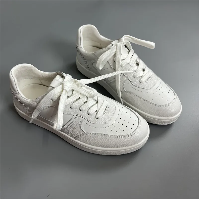 Mrxmus 2023 New Women Fashion Genuine Leather Flat Round Neck Lacing Shoes Simple Solid All-match Casual Sneaker Female Chic