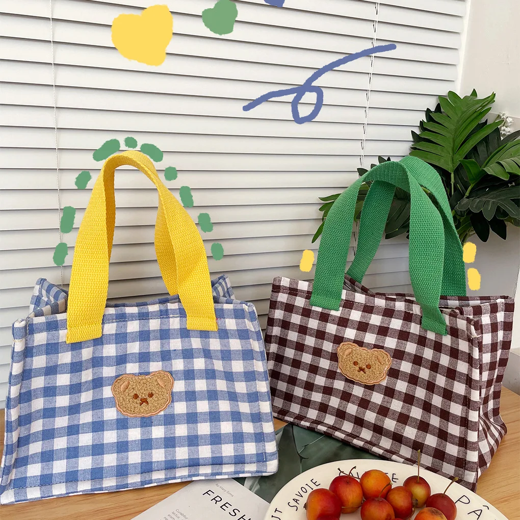 1 Piece Cute Lunch Bag for Girl Cartoon Bear Colorful Checkered Food Bag for Kids Sweet Portable Thicken Snack Storage Bag