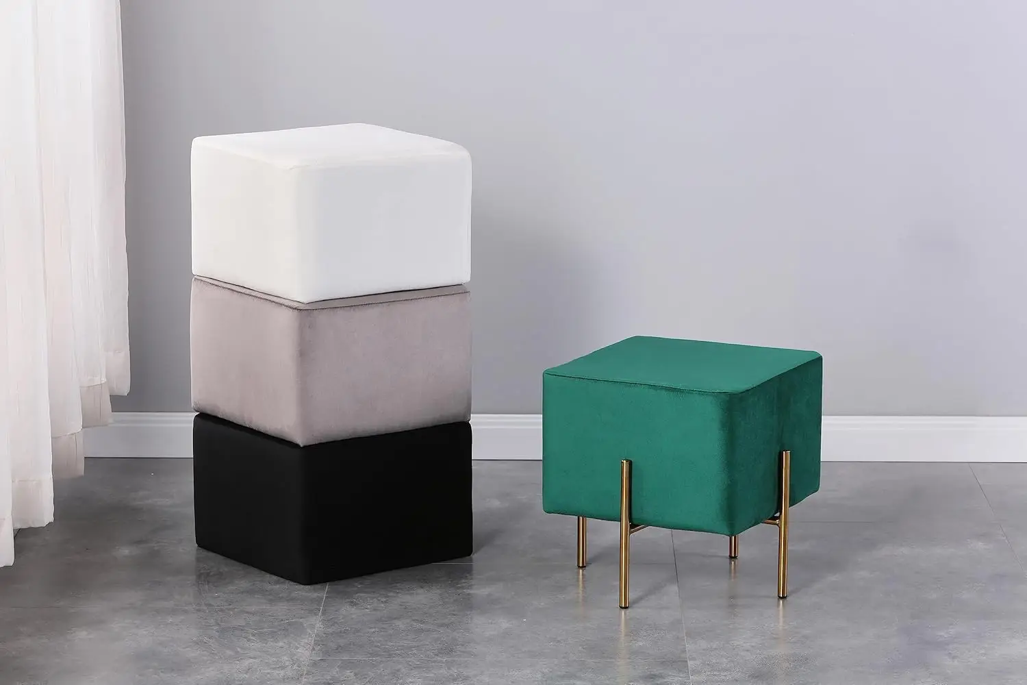 Ottoman Velvet Stool Set of 2, Modern Emerald Green Vanity Stool Square, Contemporary Foot Stool Ottoman, Upholstered Foot Rest