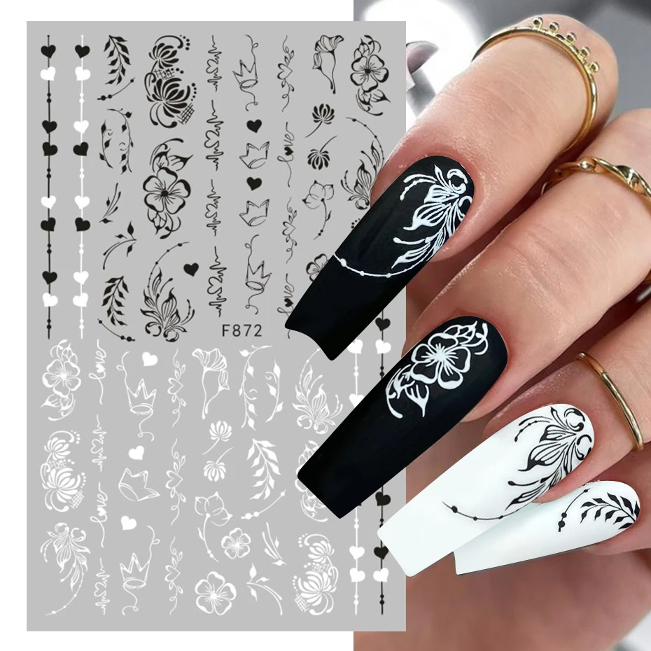 1pcs Black Leaves Nail Art Tattoo Black White Flower Lace 3D Nail Stickers Adhesive Slider Floral Pattern DIY Decorations JIF864