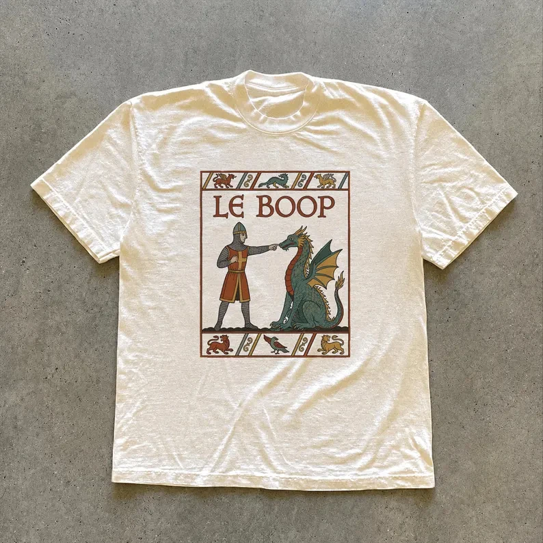 Le Boop Medieval Knight Boop Dragon Graphic T-Shirt Funny Medieval Manuscript Art Tee Vintage Fantasy Men Women and Kids Shirt