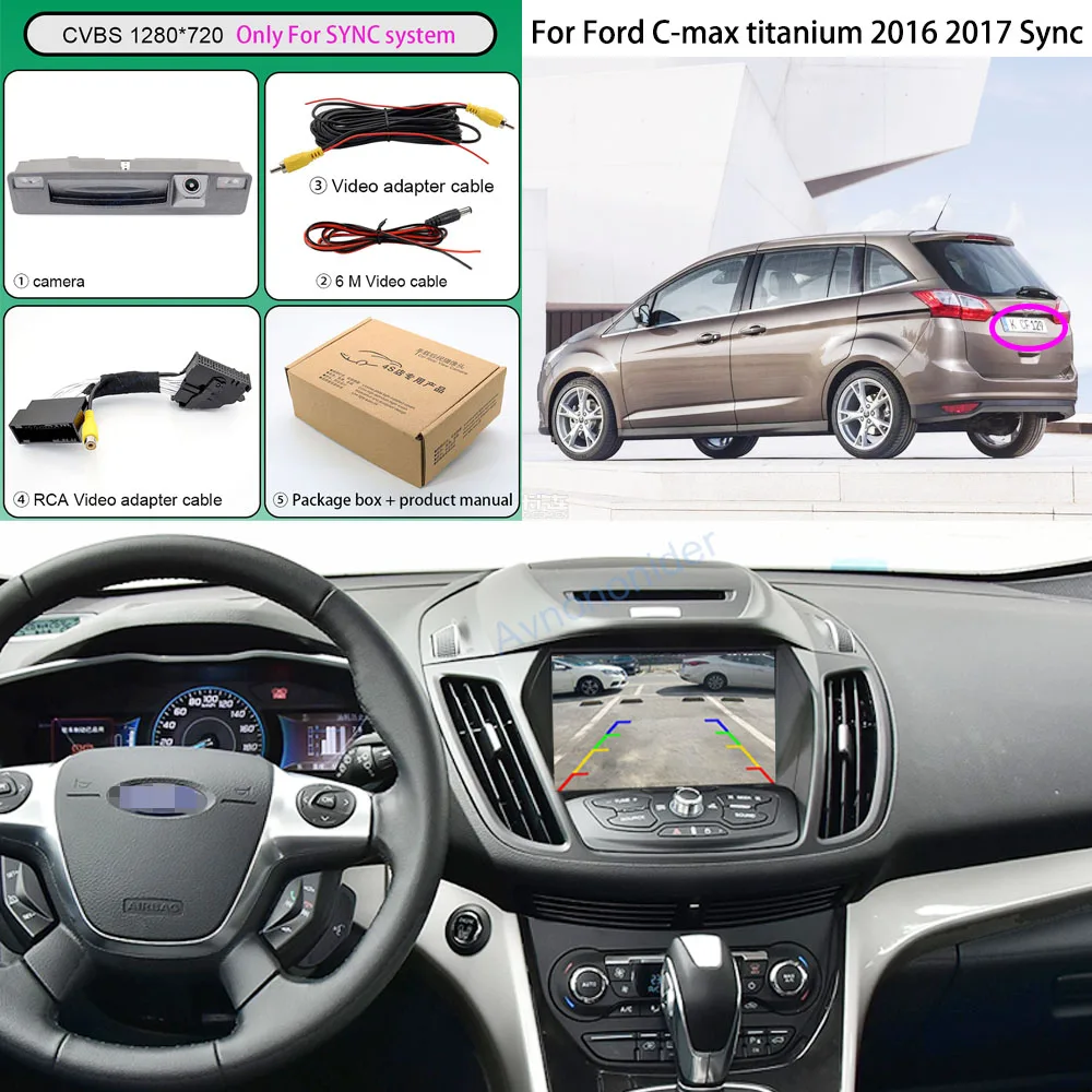 HD Trunk Handle Reverse Camera For Ford C-max titanium 2016 2017 For Sync system C54 pin RCA Adapter Cable Harness For Rear view