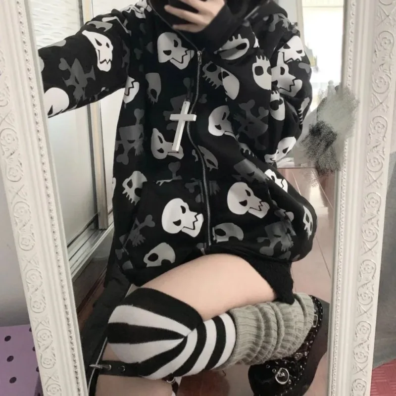 Cyberpunk Y2k Skull Printed Sweatshirt Women Mall Goth Harajuku Long Sleeve Zipper Cardigan Hoodie Emo Alt Indie Clothes