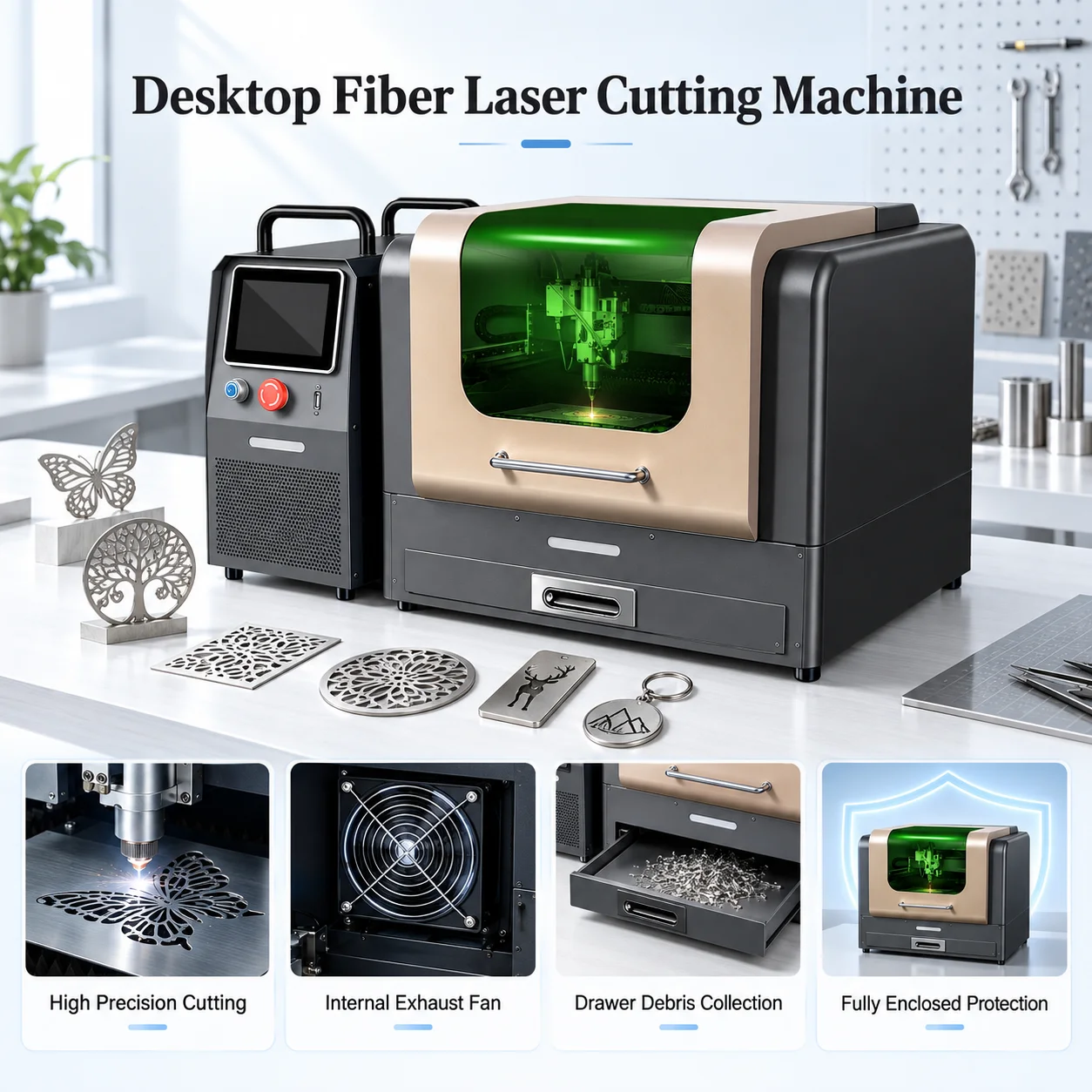 1200W JPT Desktop Fiber Laser Cutting Machine 2 in 1 Metal Cutting & Marking 300×300mm Working Area High Precision Laser Cutter for Metal