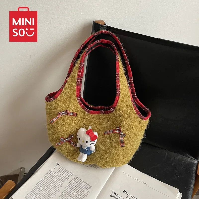 Bolso tipo cubo de mano con dibujos de Hello Kitty para niñas, moda Retro, lana de cordero, un solo hombro, nuevo estilo Premium para invierno 2024