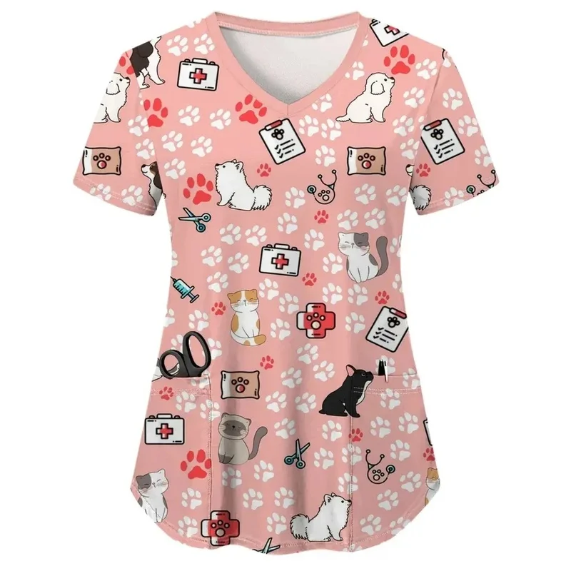 Women's Veterinary WorkwearTShirt Dachshund printVShort-sleeved medical workwear with pockets