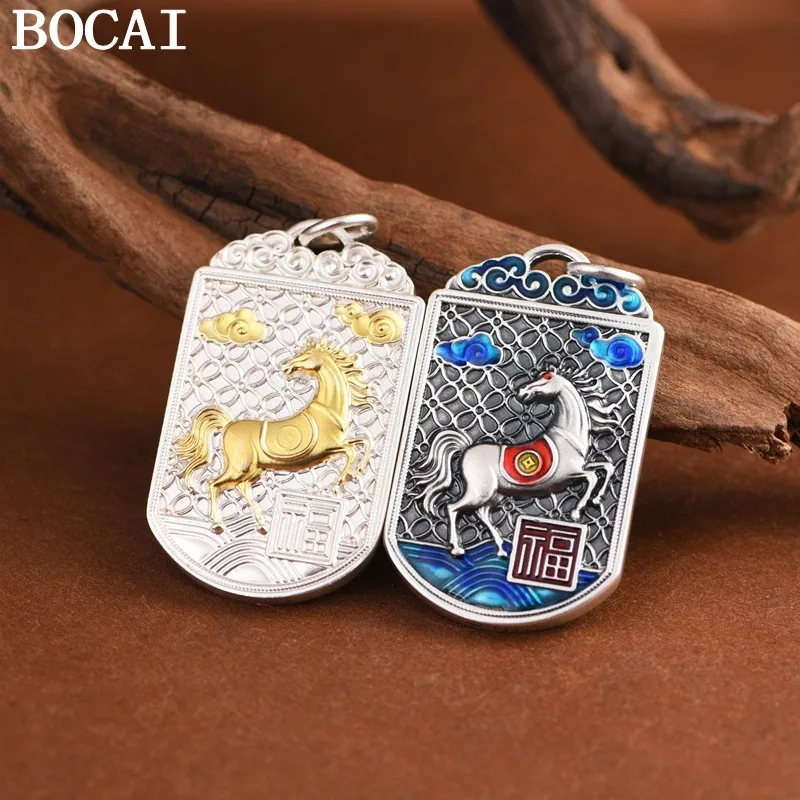 

BOCAI NEW S999 Sterling Silver Vintage Lucky Character Plain Silver Gold-plated Steed Pendant