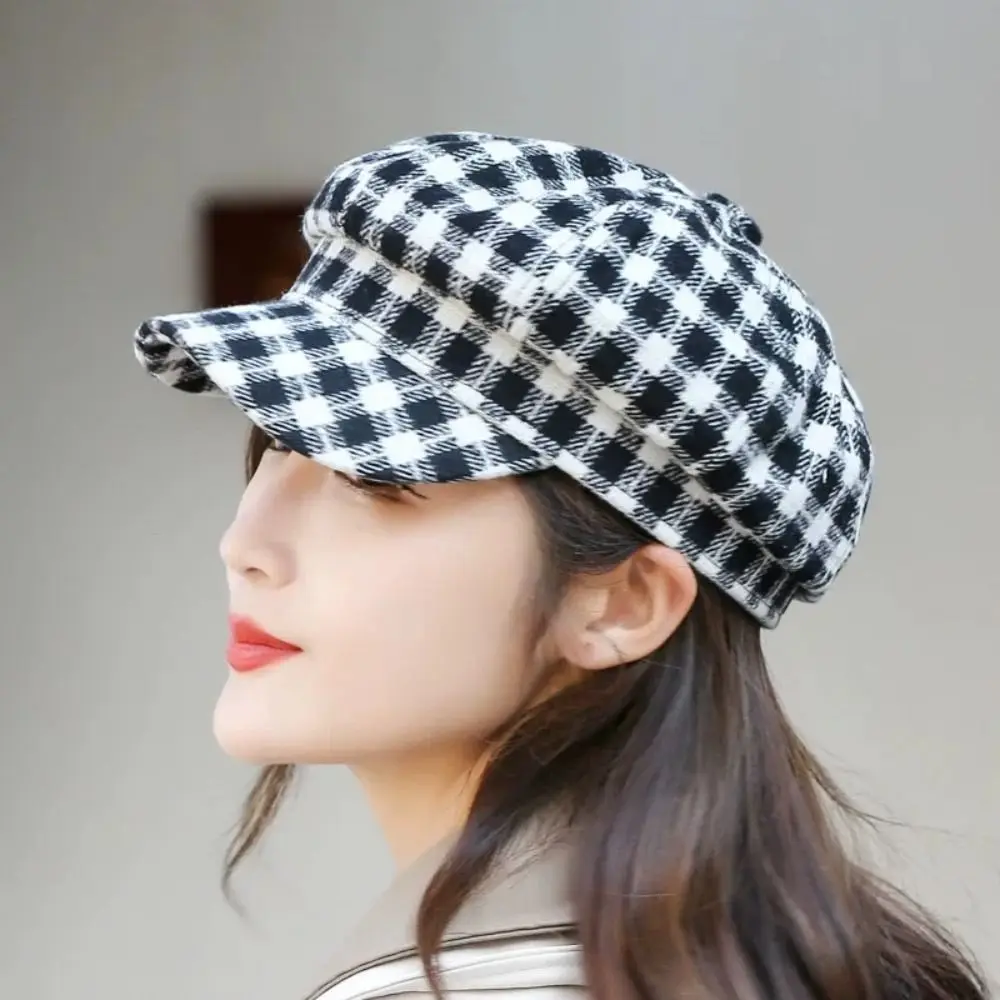 

Retro Korean Style Plaid Beret Hat Small Fragrant Style Lattice Women Painter Hat Keep Warm Women Octagonal Cap Autumn