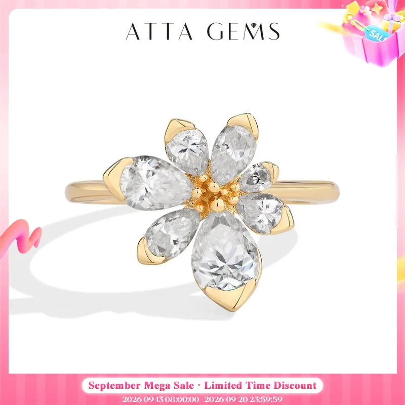 ATTAGEMS 925 Sterling Silver Luxury Women Ring Flowers D VVS1 Moissanite Pear-cut Engagement Band Anniversary Gift Fine Jewelry
