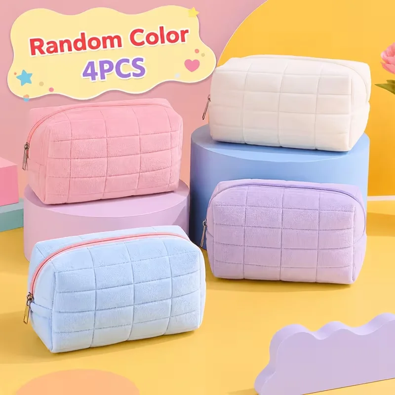 Large-Capacity Checkered Soft Makeup Bag Zipper Cosmetic Storage Pouch Fabric Travel Organizer with Checkered Pattern