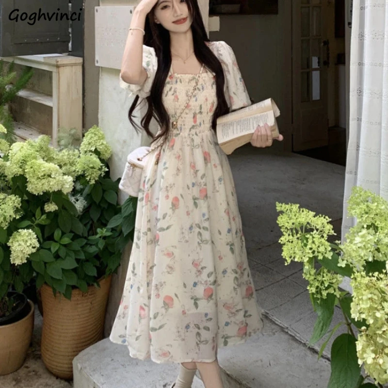 Puff Sleeve Dresses Women Korean Fashion Trendy Sweet Floral Chic Streetwear Holiday Summer Square Collar Vestidos Y2k Popular