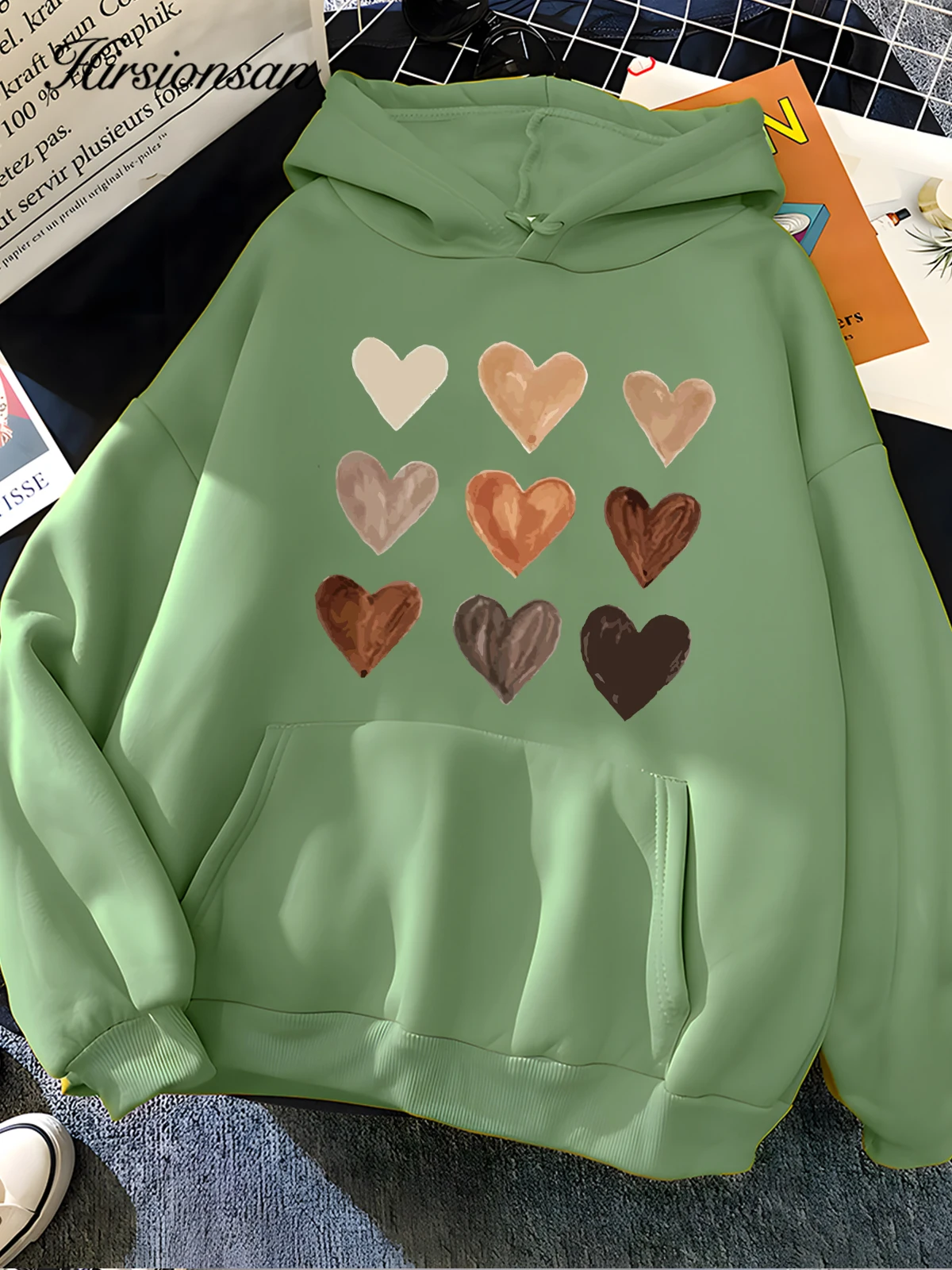 Hirsionsan Harajuku Heart Print Sweatshirt for Women 2023 New Winter Soft Casual Loose Warm Female Hoodies Fleece Ladies Clothes