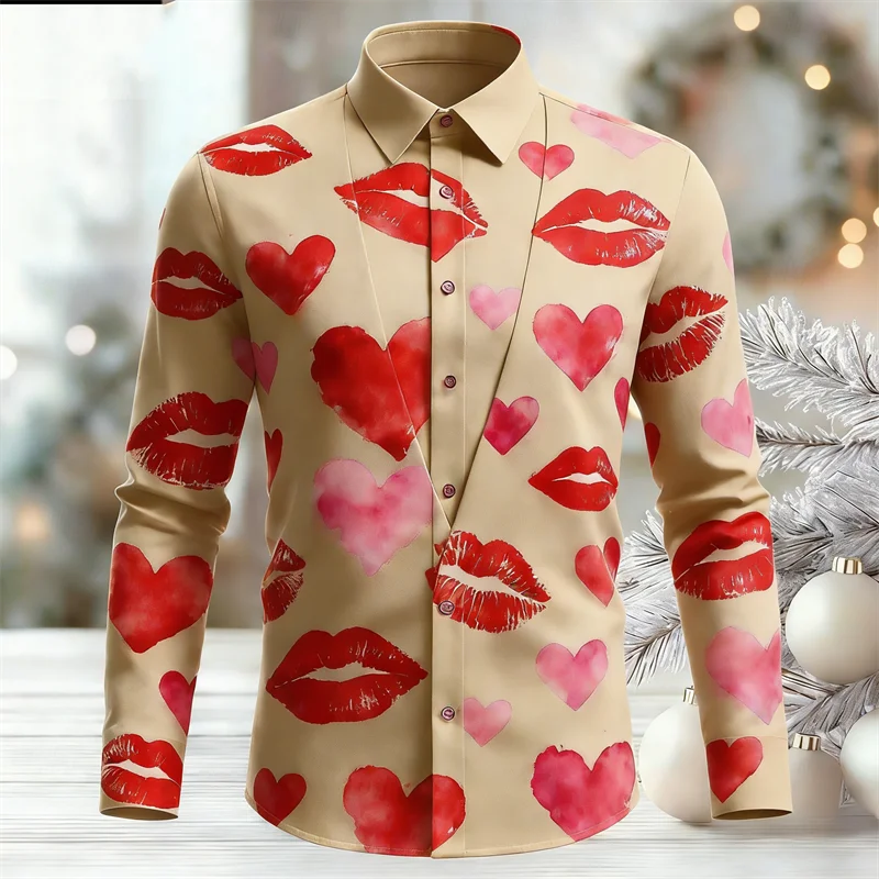 New men's long sleeved shirt casual and fashionable 3D heart-shaped print high-end lapel long sleeved shirt