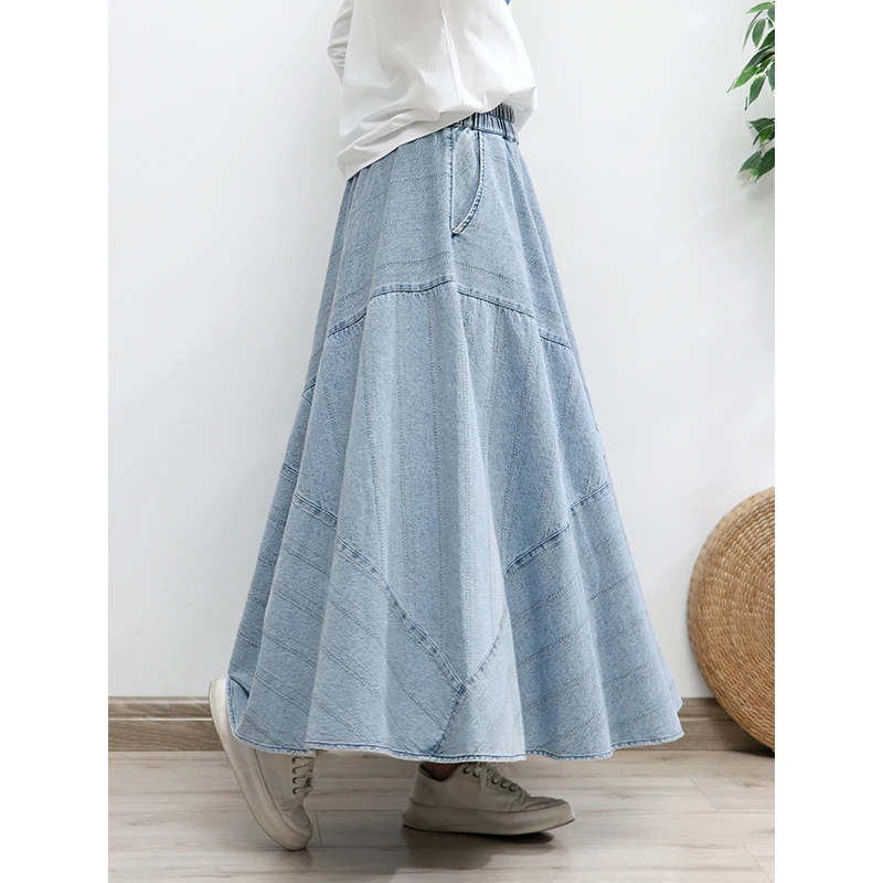 Imagem -05 - Maxi Saia Longa Vintage Feminina com Bolsos Cintura Alta Jeans Elástico Monocromático Feminino Outono Inverno Novo 2023