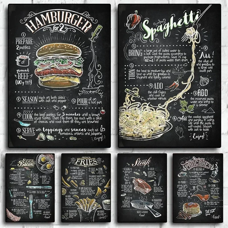 Retro Art Hamburger Pizza Steak Cooking Recipe Menu Canvas Painting Wall Pictures For Kitchen Restau...