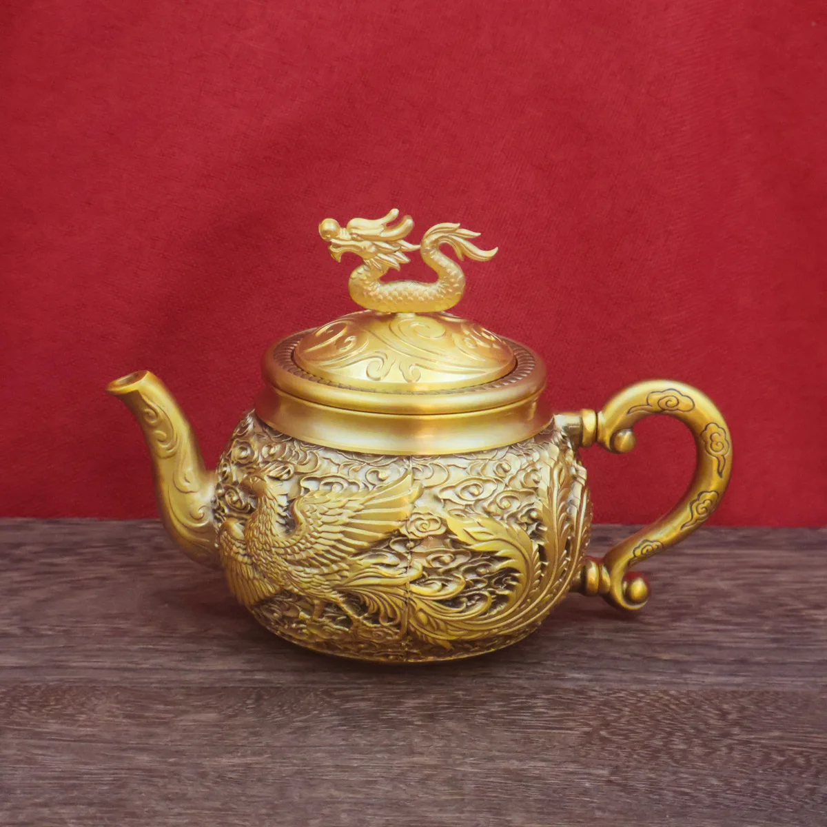 Oriental Brass Dragon Phoenix Tea Kit Household Serving Kettle Cup Tray Tea Table Souvenir Decor Title 3