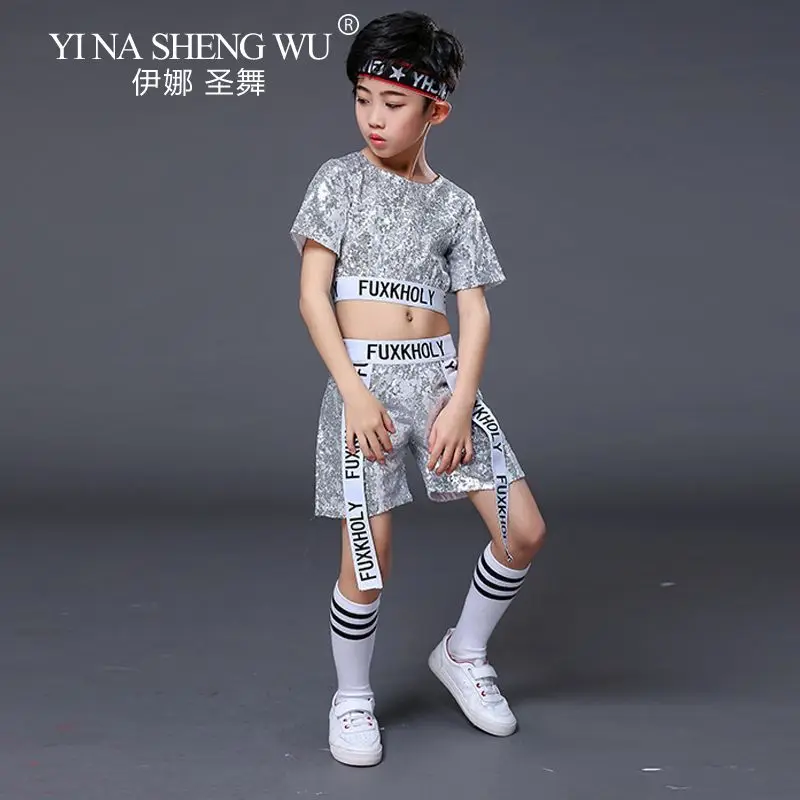 Kinder Hip-Hop Jazz Dance Kostüme Jungen und Mädchen Street Dance & Modern Dance Performance Crop Top mit Shorts Pailletten Set