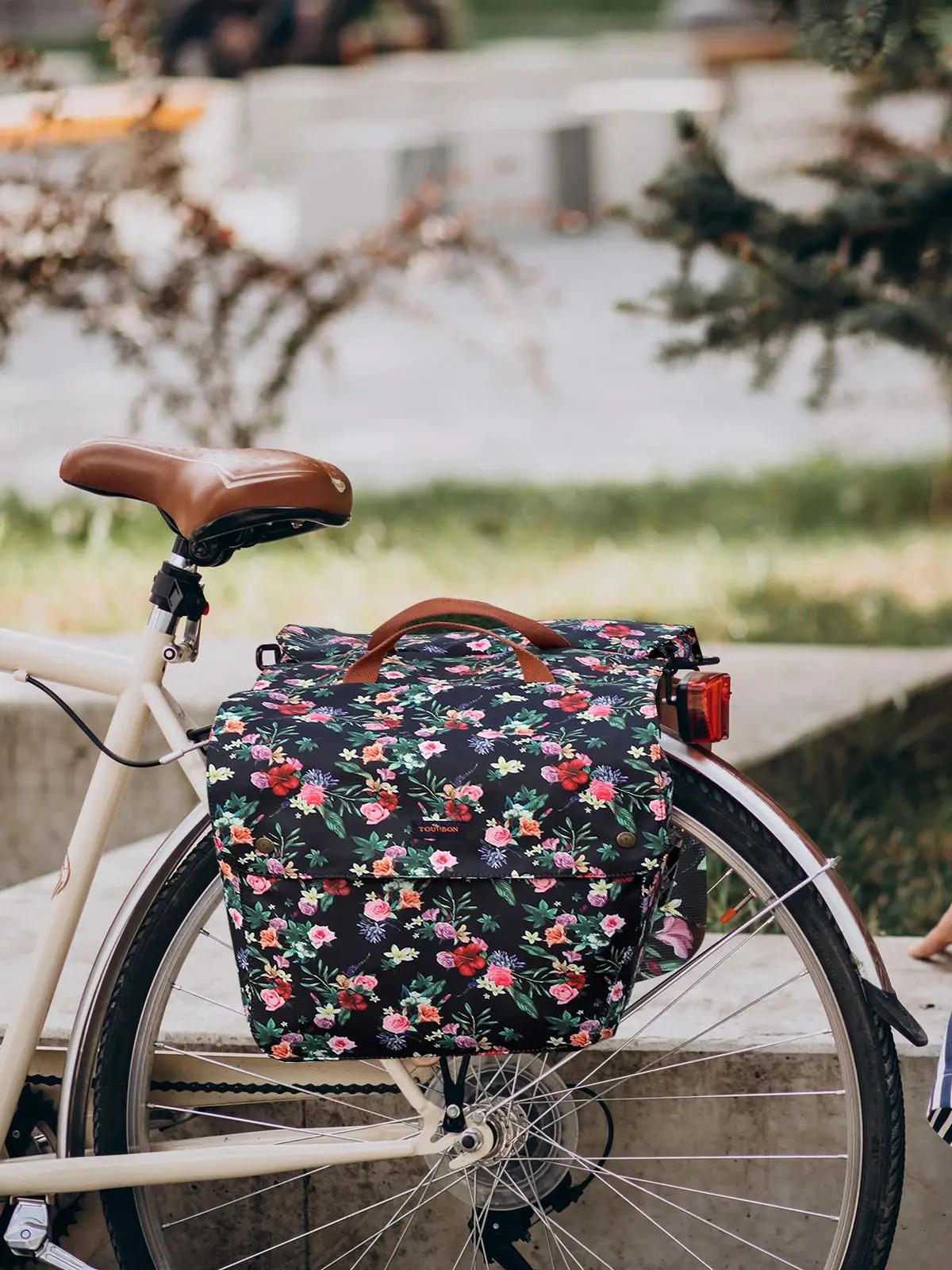 Tourbon Retro Bicycle Double Panniers Rear Rack Trunk Bike Luggage Storage Back Seat Bags 23L Waterproof Wax Canvas Flower