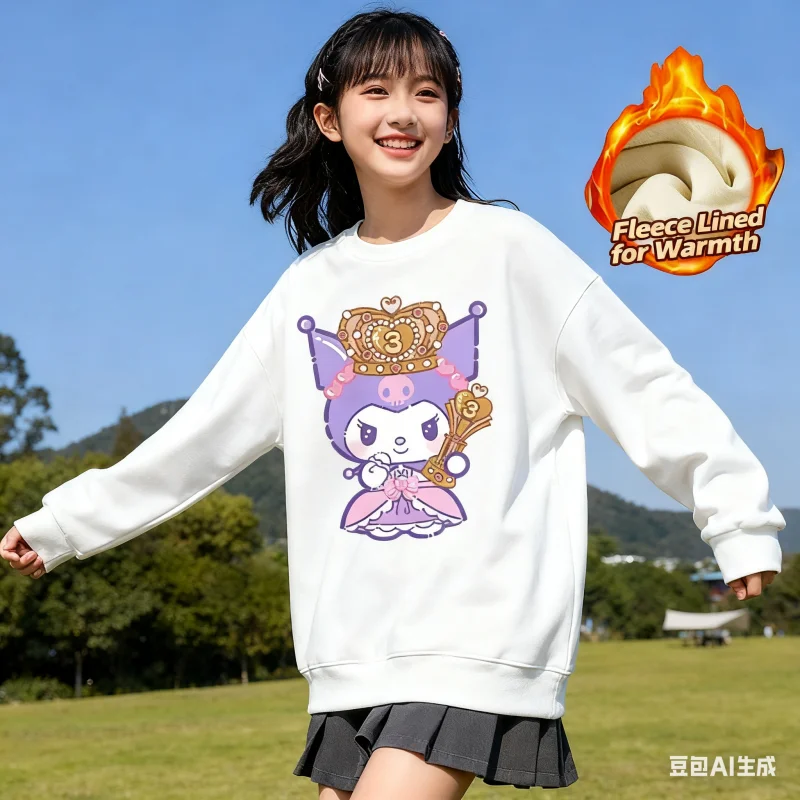 

2025 Sanrio Series Printed Crew Neck Long-Sleeve Top, Cute and Warm Fleece-Lined Crew Neck Long-Sleeve T-Shirt, 100% Cotton