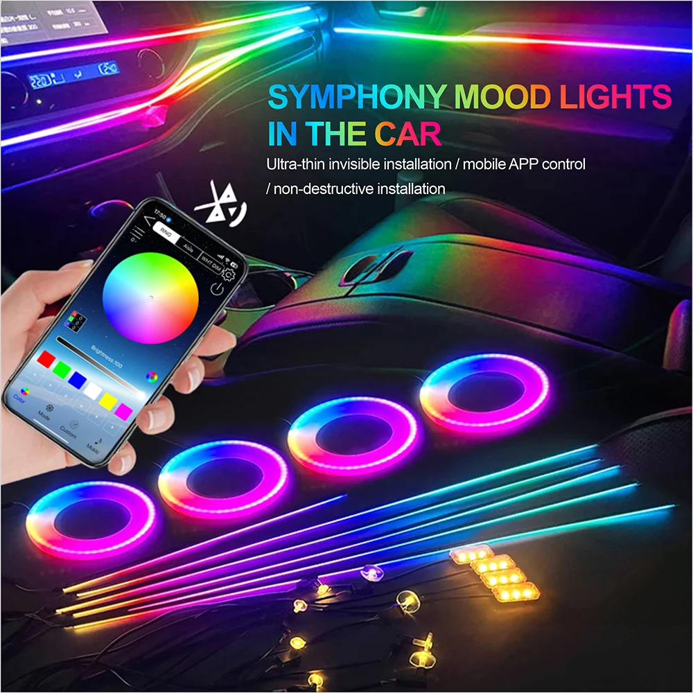 64 Color RGB Symphony Car LED Strip Lights 18-in-1 Interior Ambient Acrylic Guide Lights with APP Control Atmosphere Lamp Decora