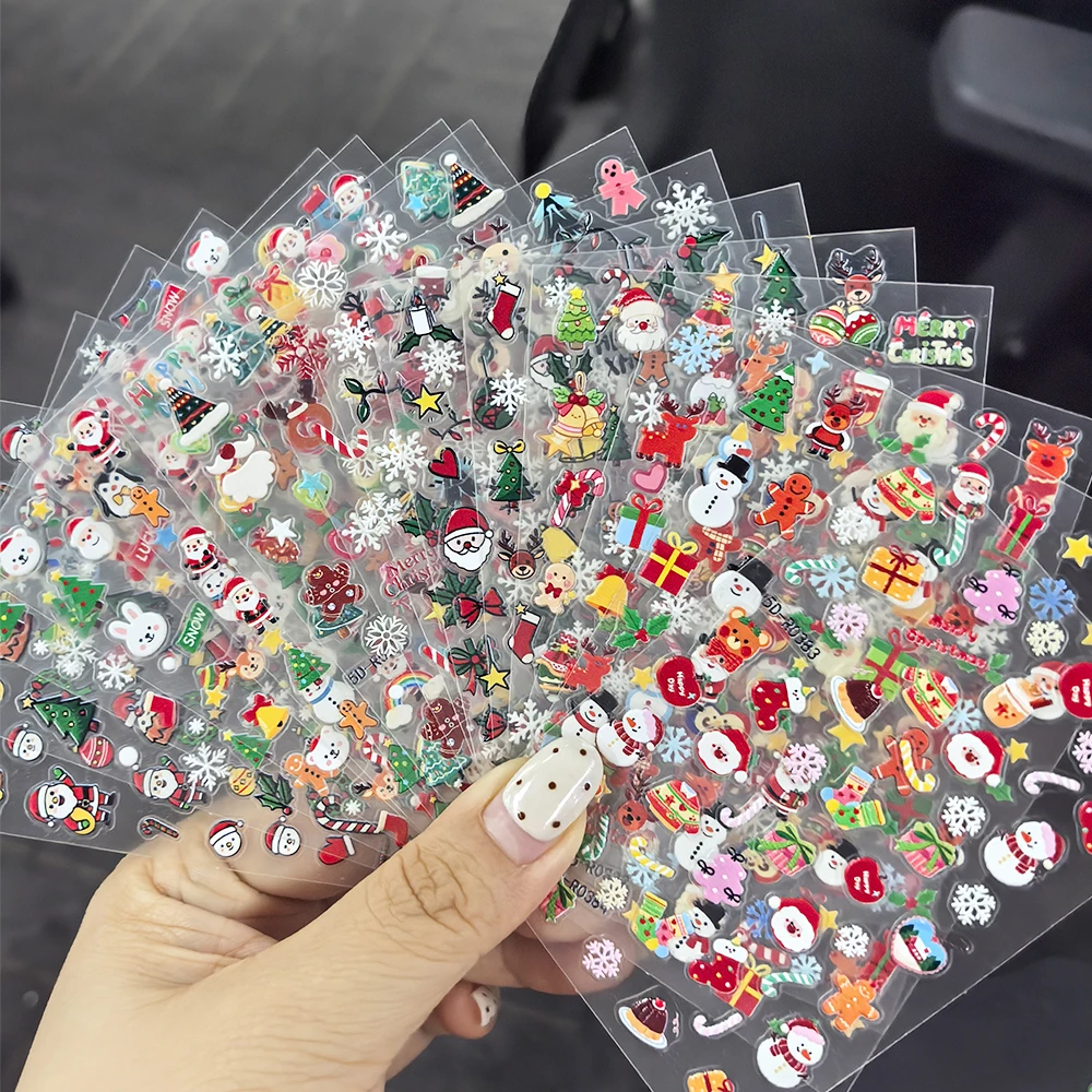 6‑Sheets Christmas 5D Nail Stickers, Santa Reindeer Snowman Gingerbread Man Self‑Adhesive Decals, Winter Xmas Nail Art DIY Decor