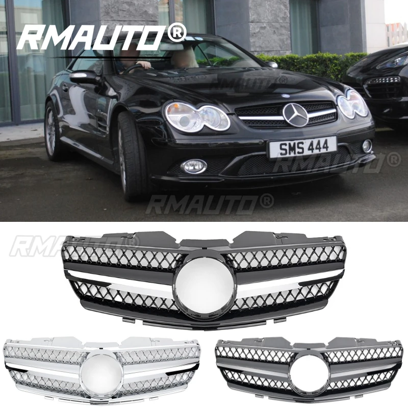 RMAUTO Car Front Grill Grille Racing Grills Chrome for Mercedes Benz SL Class R230 SL500 SL550 SL600 2003-2006 Body Styling Kit