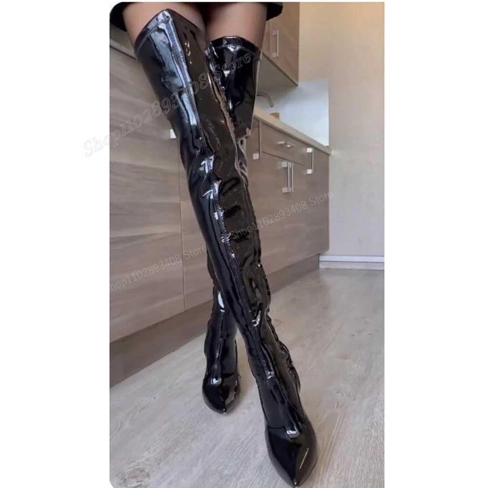 Schwarzes Lackleder über dem Knie Stiefel Spitzschuh Stiletto High Heel Seitlicher Reißverschluss Sexy Damenschuhe 2024 Zapatos Para Mujere