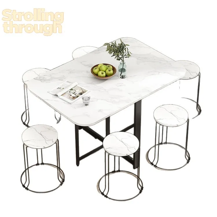 

Folding dining table household small apartment multi-functional movable table combination four benches rectangular eating table