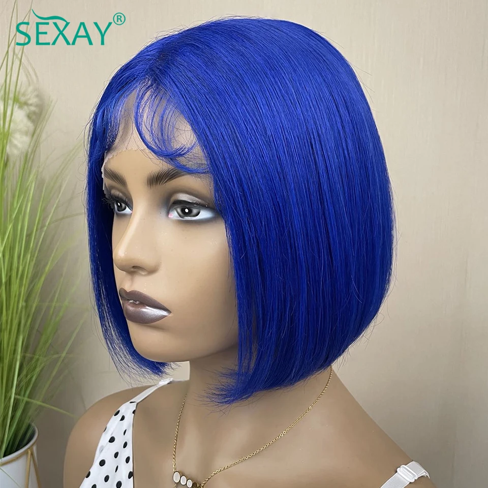 

Blue Bob Lace Front Human Hair Wig 13x4 HD Transparent Lace Frontal Wig Brazilian Color Hair Double Drawn Glueless Lace Bob Wig