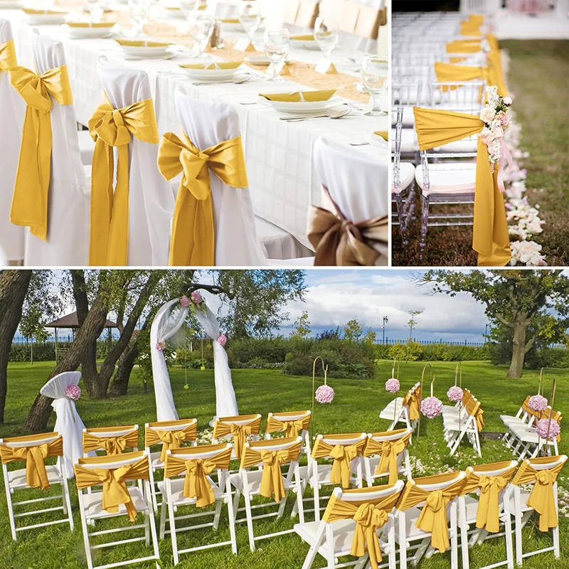 10/50Pcs Gold Satin Chair Sashes Ties Bows 7x108inch for Wedding Party Baby Shower Christmas Banquet Restaurant Hotel Decoration